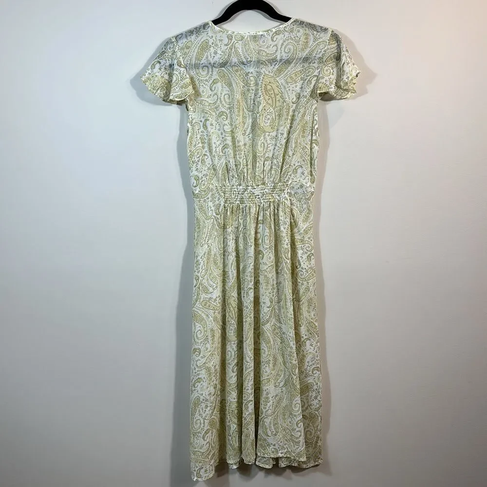 Lucky Brand Sheer Midi Boho Shortsleeve Yellow Keyhole Dress Women Medium
